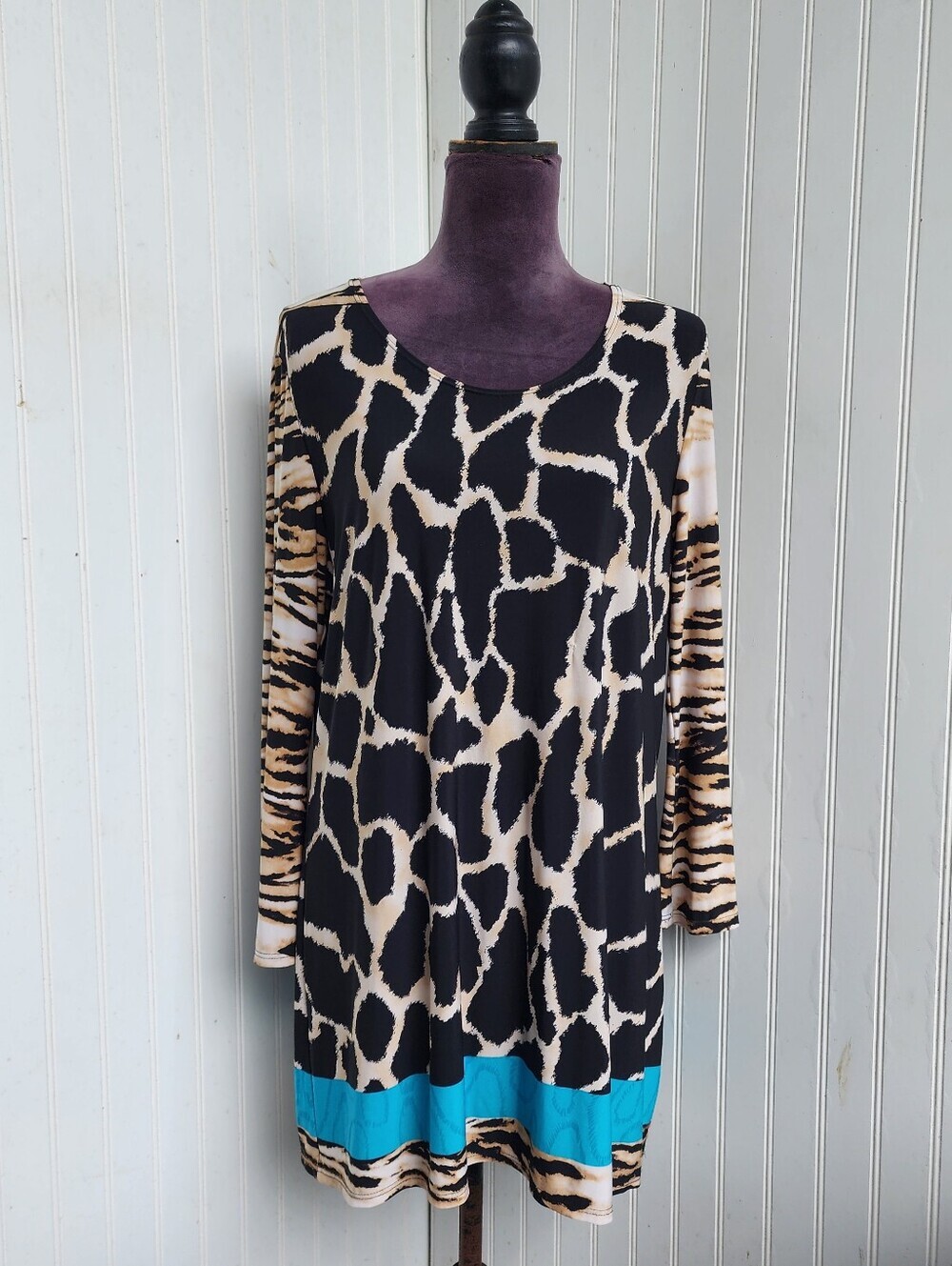 Peck & Peck Women’s BEIGE BLACK Teal Giraffe Tiger 3/4 Sleeve Pullover Top XL